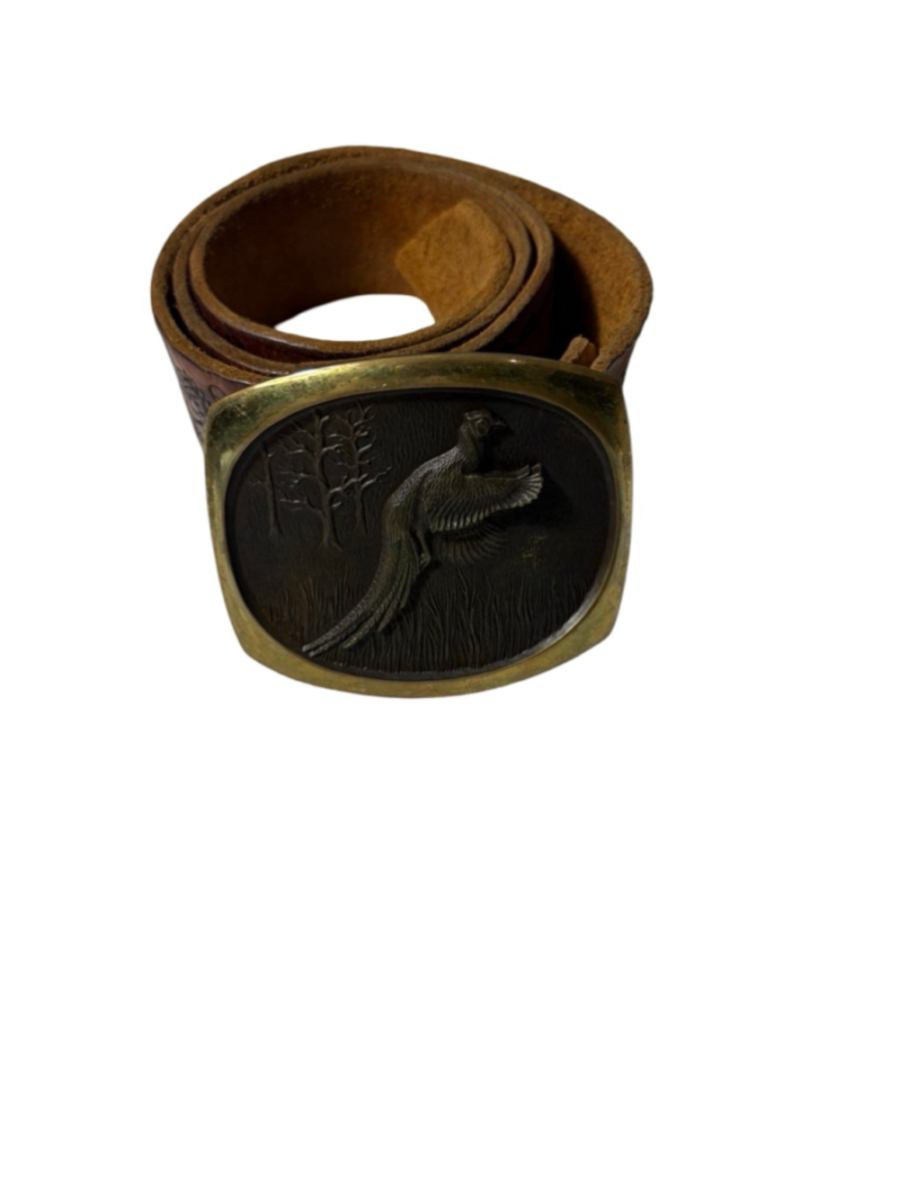 Vintage Steven L Knight Pheasant Bronze Buckle Hand Tooled Leather Belt